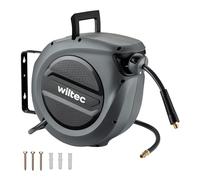 Wiltec Dévidoir automatique avec tuyau 15 m + 1,5 m – Montage mural – En PVC et acier – Enrouleur de tuyau pneumatique 17 bar – Pivotable à 180° – Connexion 1/4"