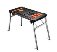 Wiltec Établi d'atelier 108,5x55x52cm Noir et Orange 7 fonctions en 1 Multiusages Banc de travail Siège mécanicien Chariot Tréteau Équipement Bricolage