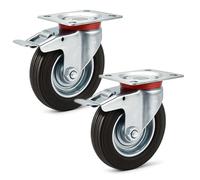 Wiltec Jeu 2x Roulette pivotante Blocage double - Ø 200 mm - Capacité 150 kg - en Caoutchouc - Roue avec Frein et Plaque de montage - Transport Appareil Accessoire Meuble - Usage silencieux sans trace