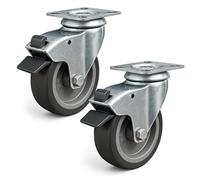 Wiltec Jeu 2x Roulette pivotante en caoutchouc - Ø 125 mm - Capacité de charge 100 kg - Roue avec Frein et Plaque de montage - Transport Appareil Accessoire Meuble - Usage silencieux sans trace