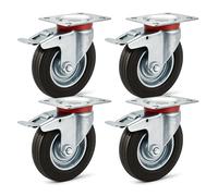 Wiltec Jeu 4x Roulette pivotante Blocage double - Ø 200 mm - Capacité 150 kg - en Caoutchouc - Roue avec Frein et Plaque de montage - Transport Appareil Accessoire Meuble - Usage silencieux sans trace