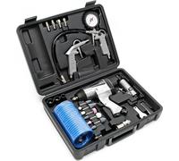 Wiltec Jeu d’outils pneumatiques 27 pièces – avec hocs, Meuleuse, pistolet de soufflage et nombreux accessoires – Jeu d’outils pneumatiques à air comprimé