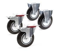 Wiltec Kit 4x Roulette – 2x Pivotantes double arrêt et 2x Fixes – Diamètre 200 mm – Capacité 150 kg/roue – Charge lourde, Caoutchouc plein Transport Meuble