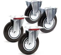 Wiltec Kit de 4 Roulettes – Ø 200 mm – Capacité 150 kg – 2x Roulette pivotante, 2 x Roulette fixe – Roue en caoutchouc avec Plaque de montage Jante métallique – Dispositif de transport, diable