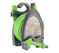 Wiltec Mini Dévidoir de tuyau PP Orange Tuyau 10 m en PVC 2 Connecteurs 3/8" Robinet 1/2" et 3/4" Buse réglable Enrouleur de tuyau Arrosage Jardin Accessoires Outillage Jardinage