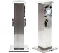 Wiltec Multiprise de jardin double - 2 prises - 155 x 155 x 405 mm - Design colonne d’énergie - en Acier affiné inox - avec Minuterie mécanique - Utilisation extérieure IP44 Outdoor