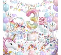 WINAROI Decoration Anniversaire Licorne,3 Ans Decoration Anniversaire Licorne Fille,Kit anniversaire licorne Assiettes Gobelets Serviettes Ballons pour Enfants Birthday Party