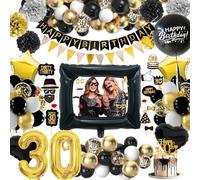 WINAROI Décorations Anniversaire 30 Ans en Noir et Or, Grand Cadre Photo Gonflable Noir Doré, Accessoires de Cabine Photo pour Fête 30 Ans Femme Homme