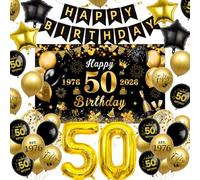 WINAROI Décorations de 50e anniversaire pour garçon et fille, bannière noire et dorée pour 50e anniversaire, ballons de 50e anniversaire, bannière de toile de fond pour décoration de fête