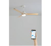 CREATE / WINDCUP/Ventilateur de plafond avec lumière, Wifi et télécommande, blanc lames bois naturel / 40W, Silencieux, Ø132 cm, 6 vitesses, minuterie, été-hiver, double hauteur, moteur DC