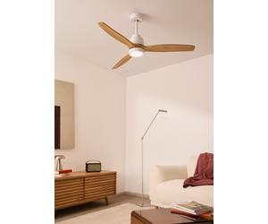 WIND STYLANCE NATURAL WOOD - Ventilateur De Plafond 40W Silencieux 100% Bois Plusieurs Tailles Contrôleur Mural + Télécommande & M (Ø132cm) (pièces 10m²-25m²) & Avec Lumière & Blanc / Bois Clair