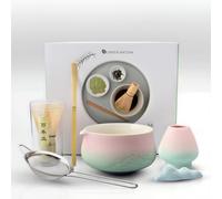 Windfromort Set de cérémonie Matcha 6 pièces, Bol à Matcha dégradé rose-vert avec bec verseur, fouet en bambou, cuillère à Matcha, tamis, support de fouet et socle, parfait comme cadeau