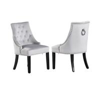 Windsor - Lot de 2 Chaises Capitonnées Grises en Velours - Style Classique & Design - Pieds en Bois - Salle à Manger, Salon ou Coiffeuse