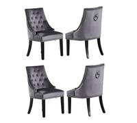 Windsor - Lot de 4 Chaises Capitonnées en Velours Gris Foncé - Style Classique & Design - Pieds en Bois - Salle à Manger, Salon ou Coiffeuse