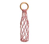 Wine Bottle Holder, Woven Drink Pouch, Picnic Carry Bag | Cotton Rope Drink Holder Pouch Featuring A Wood Ring Handle And Elastic Design Measuring 12x12x50cm, Weighing 120g In Red