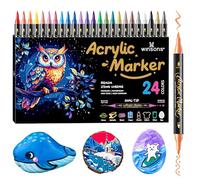 WINSONS Marqueurs acryliques à double pointe - 24 couleurs - Pointe pinceau ronde - Non toxique - Non fuit - Imperméable - Couleurs vives - Permanent pour papier, œufs, bouchons, tissus, pierres