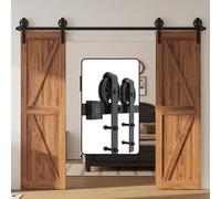 WINSOON 305cm Double Porte Quincaillerie pour Des Double Portes Coulissante | Grange En Bois Antique Roue de Base à Gros Rayons Noire Roller Kit Système de Rail de Support d'armoire de Garage