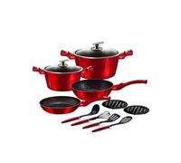Wintem Lot de 12 casseroles et poêles rouges antiadhésives en aluminium avec 4 ustensiles de cuisine et couvercles confortables en verre trempé - Compatible avec tous les plans de cuisson comme au