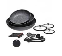 Wintem Lot de 12 poêles antiadhésives noires - Batterie poêles à induction effet pierre avec poignées amovibles | ustensiles de cuisine avec couvercles en verre