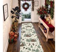 Winter Cabin Tapis de couloir Motif scène boisée 2 x 5 | Tapis d'entrée rustique imprimé cabane, silhouettes de rennes, motif forêt persistante, thème forêt confortable