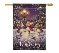 Winter Joy Drapeau de maison de Noël Motif souris patinantes 71,1 x 101,6 | Souris de patinage sur glace, drapeau de cour, lampadaire vintage, branches à feuilles persistantes, baies de houx