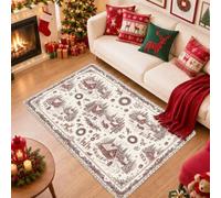 Winter Village Tapis de Noël paysage de Noël 1,2 x 1,8 m | Impression sur toile, motifs de rennes, scène de cabane traditionnelle, accents d'entrée saisonniers