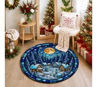 Winter Village Tapis rond Motif vitrail de Noël 0,9 m | Pleine lune, tapis circulaire, forêt enneigée, style vitrail, amateurs de décoration saisonnière, salon