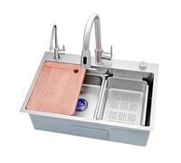 WIQUYBML Évier de Cuisine en Acier Inoxydable 304 avec Robinet, Bec verseur, bonde et Accessoires, Grand évier de Bar argenté, cuve Unique, Surface gaufrée Anti-Rayures (Couleur : A, Dimens