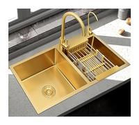 WIQUYBML Évier de Cuisine en Acier Inoxydable 304 doré avec Robinet, kit Robinet d'eau Potable et bonde, Grand évier de Bar, Double bac, Style Ferme pour Balcon (Couleur : C, Dimensions : 8