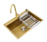 WIQUYBML Évier de Cuisine Fait Main en Acier Inoxydable doré épais avec Robinet, Panier d'égouttage - bonde à Siphon intégrée, idéal pour Garde-Manger, Bar (75 * 45 cm)