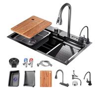 WIQUYBML Évier de Cuisine Intelligent à Cascade avec Robinet extractible, Poste de Travail Multifonctionnel avec Lave-Tasses et Accessoires d'égouttage, idéal pour la préparation de Bar, am