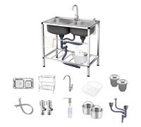 WIQUYBML Évier de Cuisine Professionnel avec Robinet, Utilitaire en Acier Inoxydable à 2 Compartiments avec étagères de Rangement, Double cuve, autoportant pour Restaurant