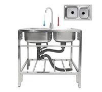 WIQUYBML Évier de Restaurant Professionnel, en Acier Inoxydable, avec étagère de Rangement, 2 bacs, Robinet et égouttoir, idéal pour Le Camping, Le Garage ou la Maison.