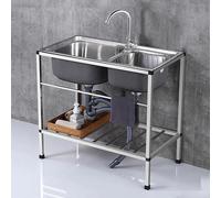 WIQUYBML Évier Double sur Pied en Acier Inoxydable pour la Restauration et Les Professionnels, avec Robinet et étagère de Rangement, pour Une Utilisation intérieure et extérieure, en cuisin