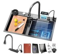 WIQUYBML Évier Moderne Multifonctionnel Black Waterfall, 1 cuve, Acier Inoxydable, rectangulaire, avec Siphon, trop-Plein et bonde, et Ensemble d'accessoires (75 x 45 cm)