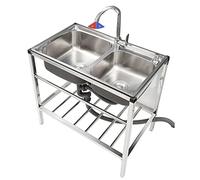 WIQUYBML Évier Utilitaire autoportant en Acier Inoxydable à 2 bacs, Ensemble de Cuisine Professionnelle avec robinets Eau Chaude/Froide et lavabo avec étagères de Rangement, pour intérieur