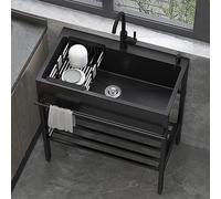 WIQUYBML Évier Utilitaire Noir sur Pied en Acier Inoxydable, 1 cuve, Multi-usages, avec Robinet Rond Eau Chaude/Eau Froide, pour Atelier, Restaurant et Jardin (60 x 45 cm).