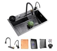 WIQUYBML Grand évier de Cuisine Noir et Gris avec Robinet Cascade, Lave-Tasses, Bouchon et kit de vidange pour Boissons, évier de Camping-Car à Une cuve en Acier Inoxydable 304, Barre de pr