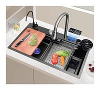 WIQUYBML Grand évier de Cuisine Noir et Gris avec Robinet Cascade, Lave-Tasses, Bouton de vidange et Accessoires, évier de Bar étagé en Acier Inoxydable 304, écran d'affichage numérique, CU