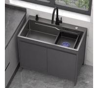 WIQUYBML Meuble sous-évier Utilitaire autoportant, Vasque en Acier Inoxydable 304 avec Panneau en Aluminium, bac à lessive Gris foncé, mitigeur, Distributeur de Savon, Tuyau d'évacuation 80