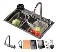 WIQUYBML Poste de Travail avec évier Cascade pour Cuisine - avec Robinet, sous-Verre pressurisé et Accessoires de Lavage de Vaisselle, Grand évier à Une cuve en Acier Inoxydable Noir (80 x