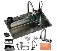 WIQUYBML Poste de Travail sous évier de Cuisine - avec Robinet extractible, Lave-Tasses sous Pression et Accessoires de Vaisselle, cuve Unique en Acier Inoxydable Style Cascade (Couleur : N