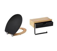 Wirquin 20722853 Abattant WC Diplomat fermeture ralentie, noir & WENKO Porte papier toilette bois mural Bambusa, dérouleur papier toilette avec support smartphone et tiroir de rangement