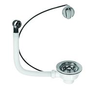Wirquin 30723114 Bonde pour évier ø90 1 bac, plastique et métal, avec trop-plein exterieur et commande à câble, chromé, Blanc