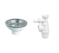 Wirquin 30723118 Bonde à Panier pour évier 1 bac D90 mm, Blanc & SP3223 Siphon d'évier avec Une Connexion Machine à Laver Sortie D40, Blanc