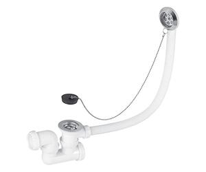 Wirquin SP5502 Ensemble complet vidage de baignoire L500 mm avec siphon orientable Ø40 et bonde à bouchon, blanc et chromé