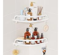 Wisfame Étagère de Douche Sans Percage Angle,Lot de 2 Etagere Salle de Bain | Métal Antirouille, avec 5 Crochets, Etagere Murale de Adhésive Support Douche Gel Savon, Charge 15KG Rangement Douche - Blanc