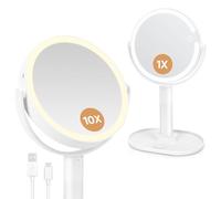 WISYOK Miroir Maquillage Lumineux, 1x 10x LED Miroir Grossissant sur Pied avec 3 Lumières Colorées, Détachable Miroir Portable pour Table Coiffeuse Chambre Voyage Rasage (Blanc)