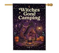 Witches Gone Camping Citation Tente Halloween Maison Drapeau 71,1 x 101,6 | Tente de camping, drapeau de pelouse, lanternes lumineuses, jack-o-lanternes, horizon nocturne, atmosphère étoilée