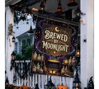 Witchy Brewed By Moonlight Potion Drapeau de maison chaudron 71,1 x 101,6 | Thème sorcellerie, drapeau de pelouse, bouteilles d'apothicaire, panneau mystique en bois, violet atmosphérique lumineux